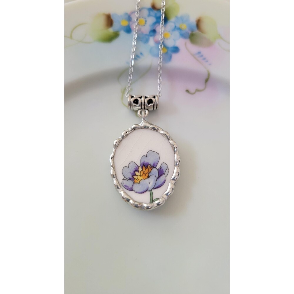 Broken China Necklace, Purple Floral Porcelain, Upcycled Delring USA Jewelry